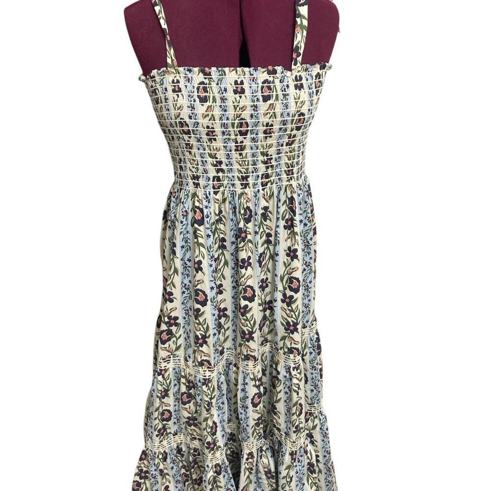 TORY BURCH SMOCKED TIERED MIDI DRESS CREAM CLIMBING VINES PRINT SIZE L
